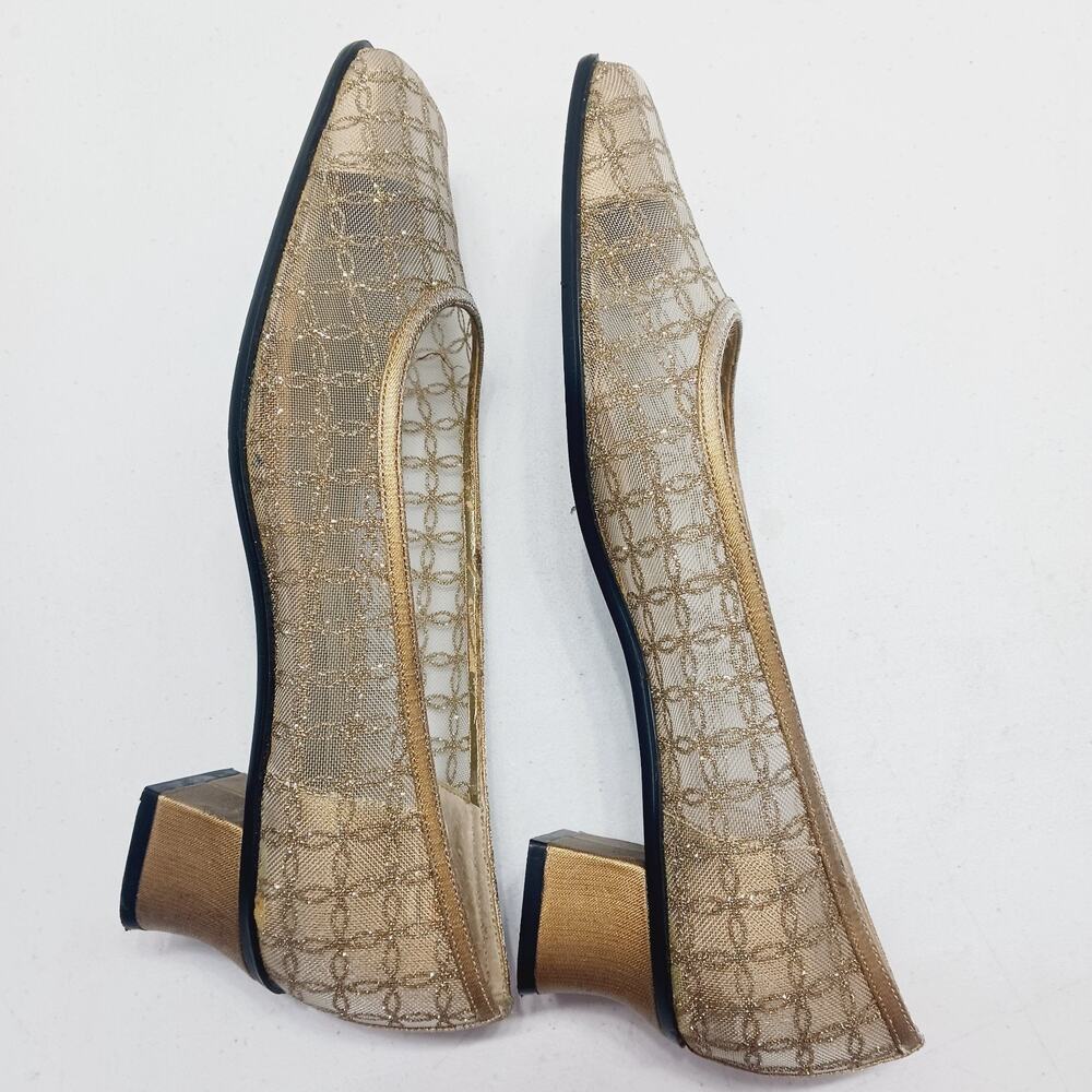 Shoes Women Slip On Pump Gold Mesh Floral Nina Cuban Heel Square Toe Size 8.5M - Picture 7 of 8